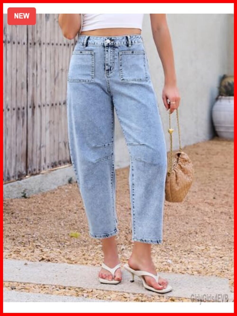 Barrel Jeans High Waisted Cropped Patch Pocket Baggy Stretch Denim - Picture 2 of 6